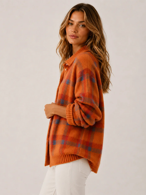 Women's Plaid Print Casual Cotton Buttoned Cardigan Sweater