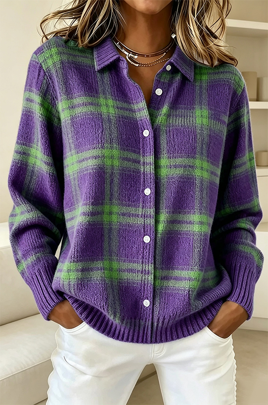 Women's Plaid Print Casual Cotton Buttoned Cardigan Sweater