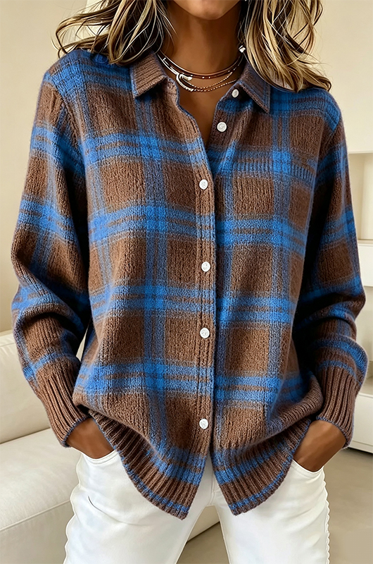 Women's Plaid Print Casual Cotton Buttoned Cardigan Sweater