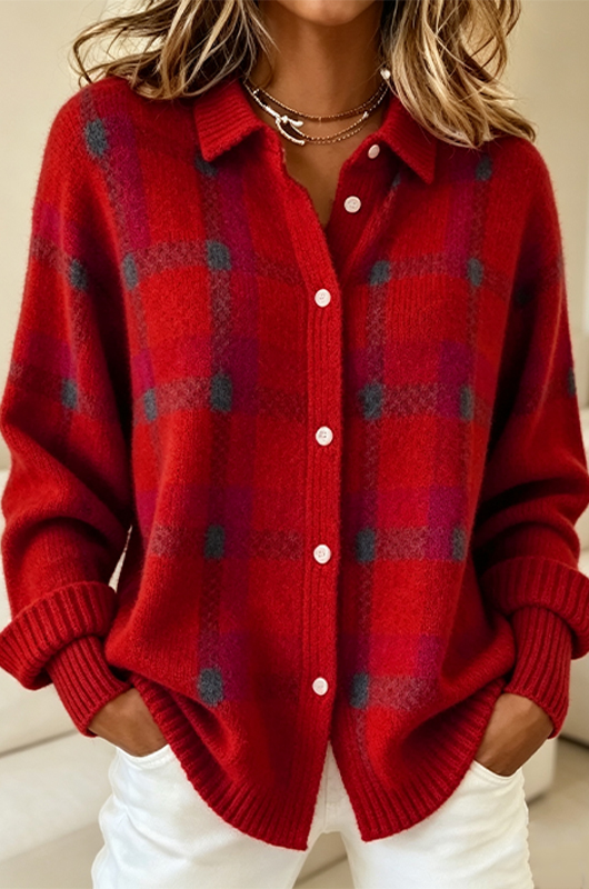 Women's Plaid Print Casual Cotton Buttoned Cardigan Sweater