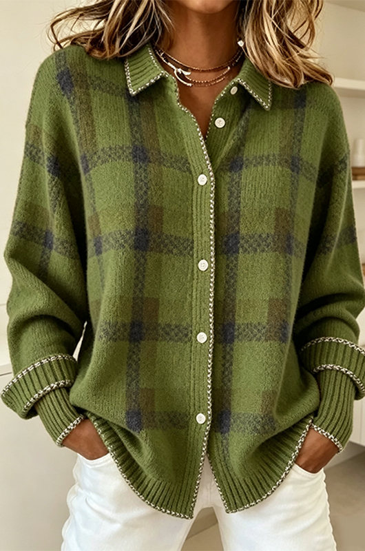 Women's Plaid Print Casual Cotton Buttoned Cardigan Sweater