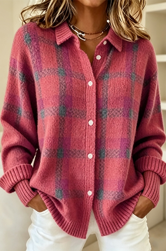 Women's Plaid Print Casual Cotton Buttoned Cardigan Sweater