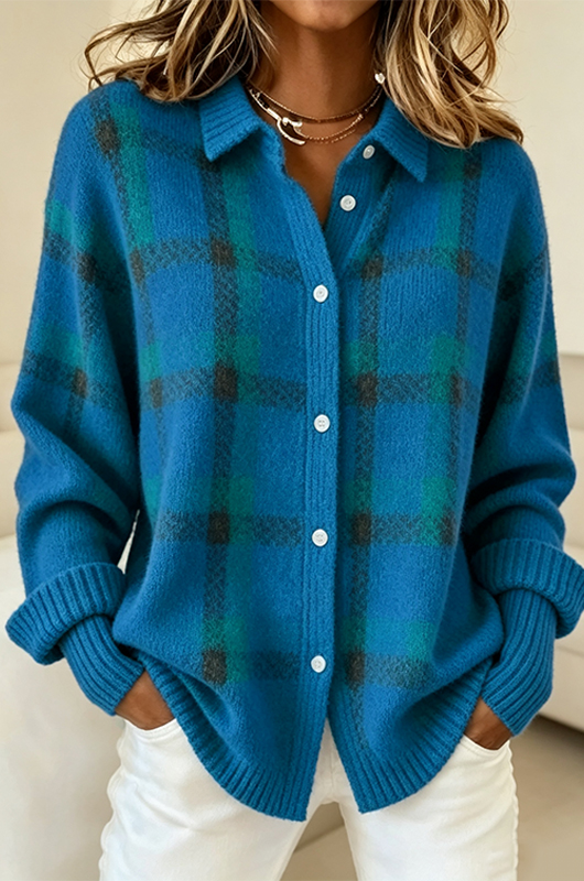 Women's Plaid Print Casual Cotton Buttoned Cardigan Sweater