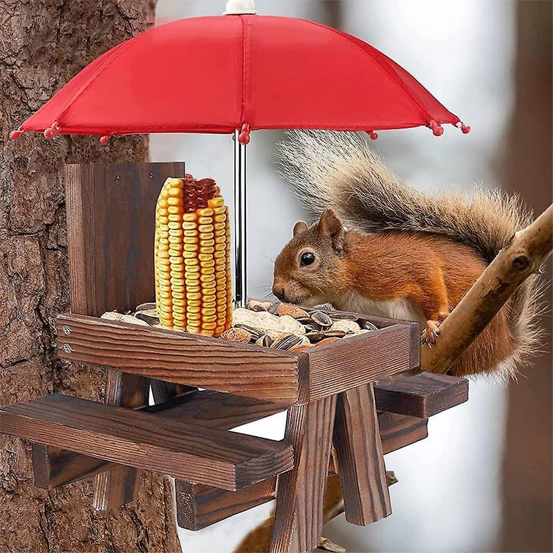 Wooden Squirrel Feeder Cute Picnic Table Design Umbrella Top