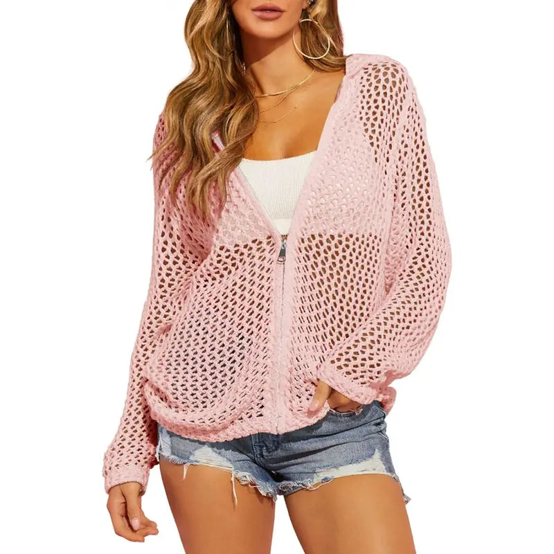 Women's Crochet Lightweight Cardigan Zip Up Hooded Long Sleeve Knit Sweater Mesh Beach Swim Cover Up