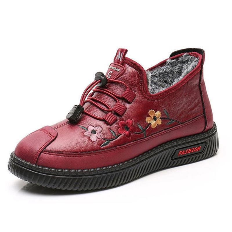 Leather Fur Moccasins Women Loafers for Elderly Females Soft Warm