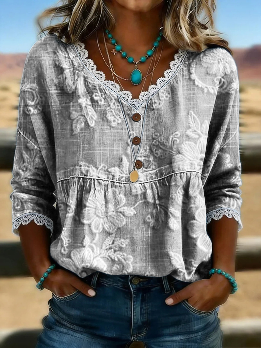 Women's Vintage Floral Print Casual Hollow-Out Denim Shirt