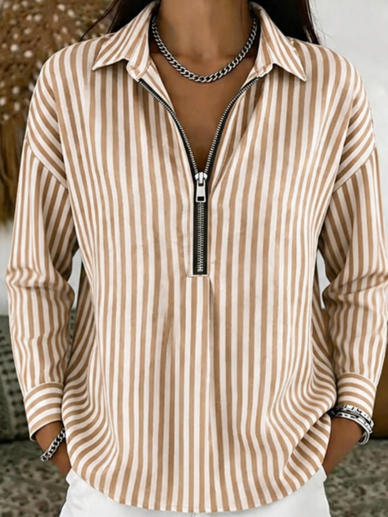 CLEARANCE SALE🔥 Casual Striped Polo Zipper Cotton-linen Shirt