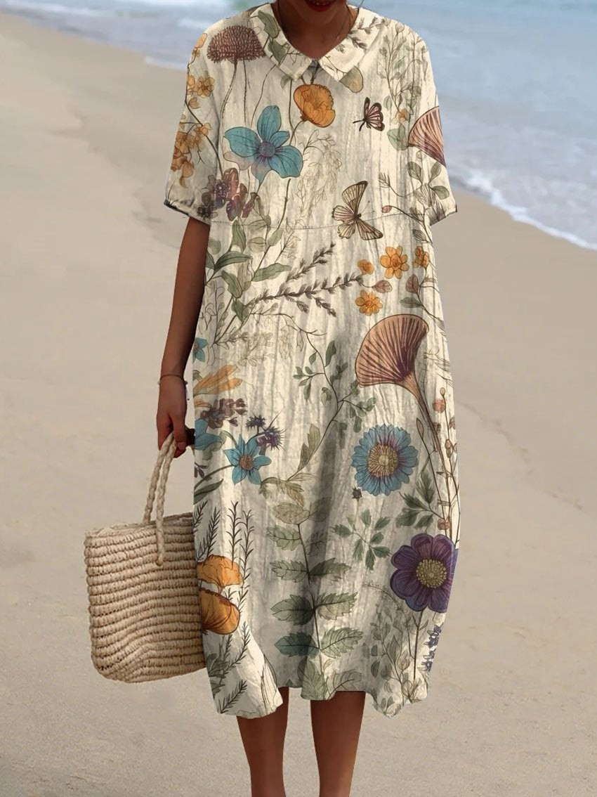 Women's Vintage Floral Art Print Pocket Linen Dress（Convertible Dress With Front And Back Option）