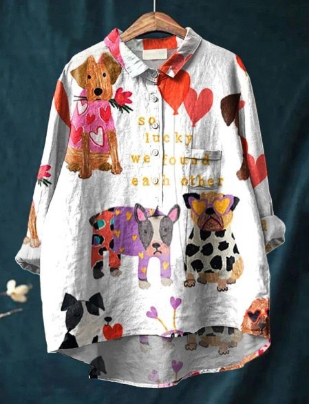 Women's Simple Colorful Flat Cat Print Casual Cotton And Linen Shirt
