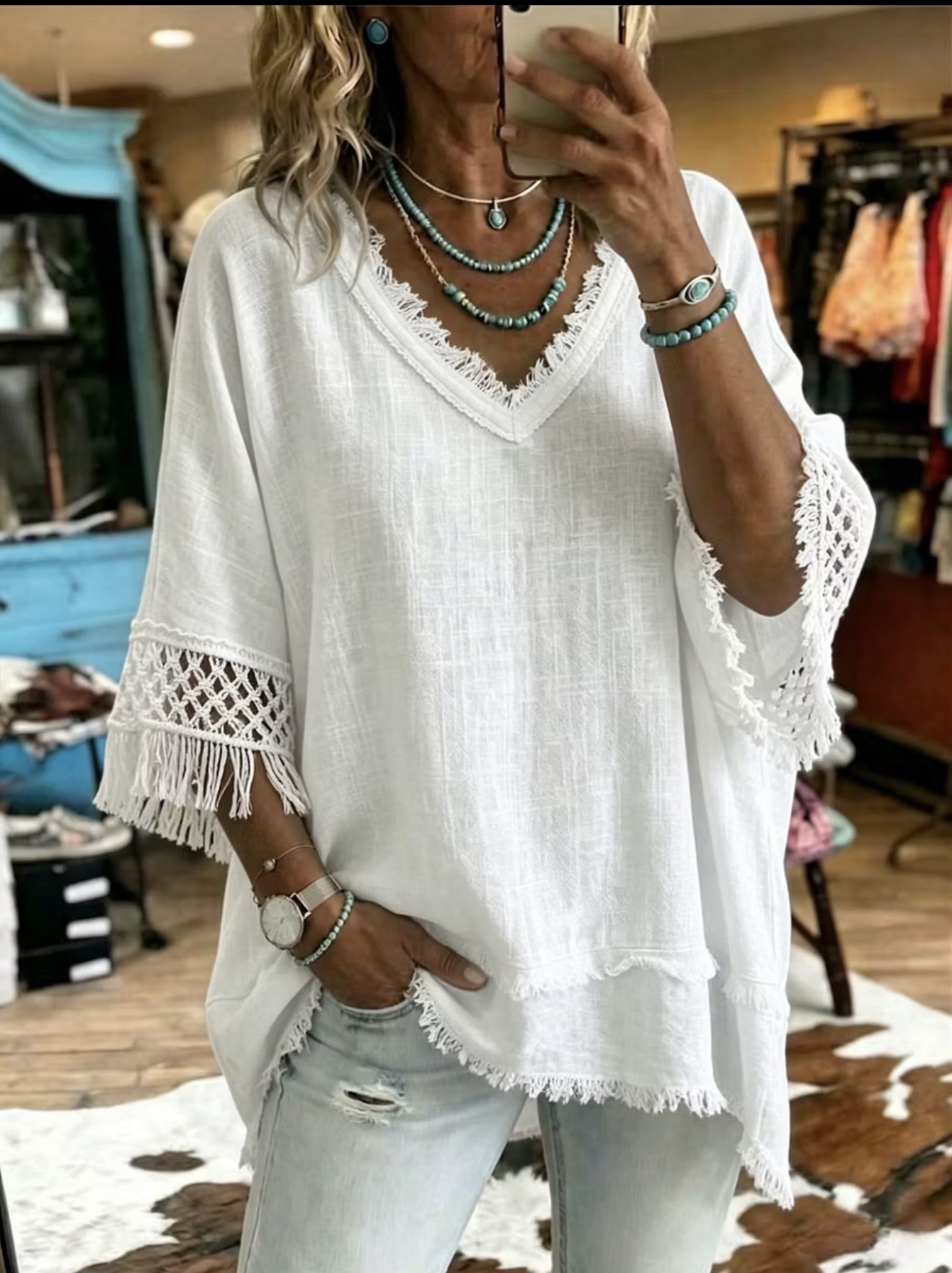 Vintage-style cotton-linen shirt with artistic tassel trim