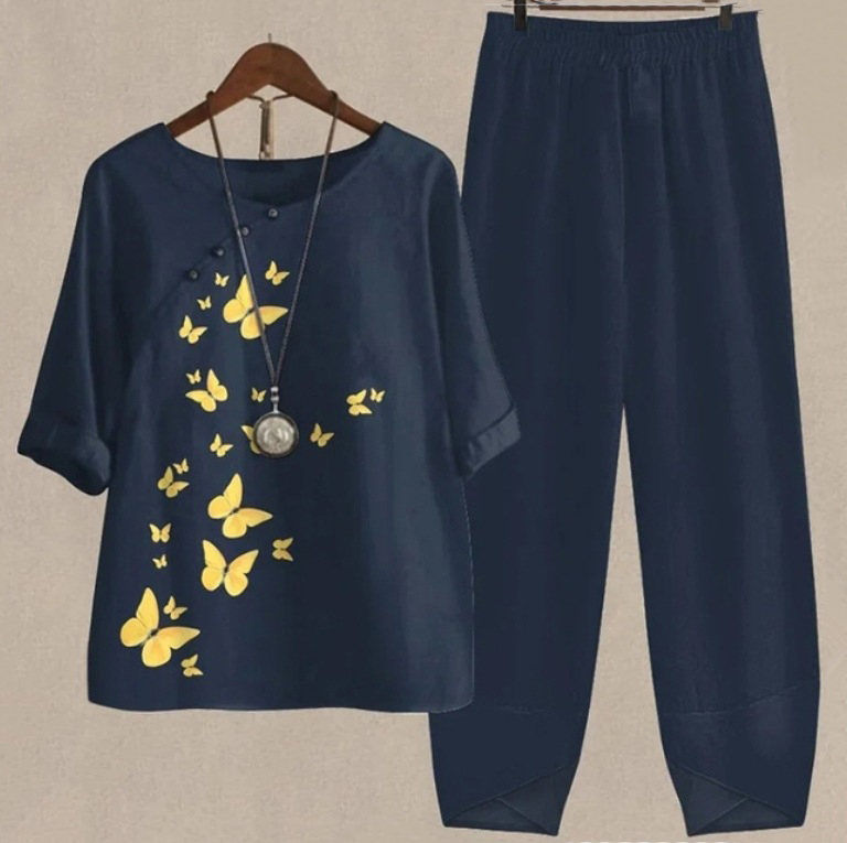 Women's Floral Leaf Two-Piece Set Light Blue Casual Summer Top with Pants