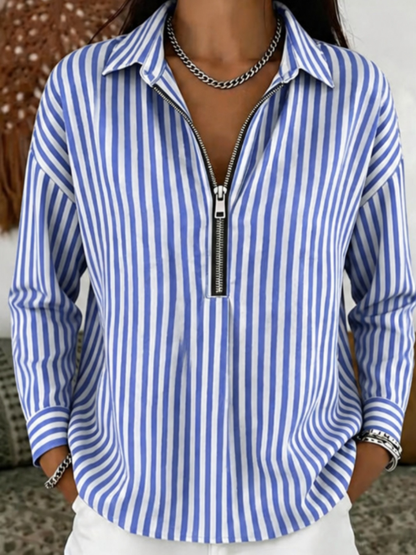 CLEARANCE SALE🔥 Casual Striped Polo Zipper Cotton-linen Shirt