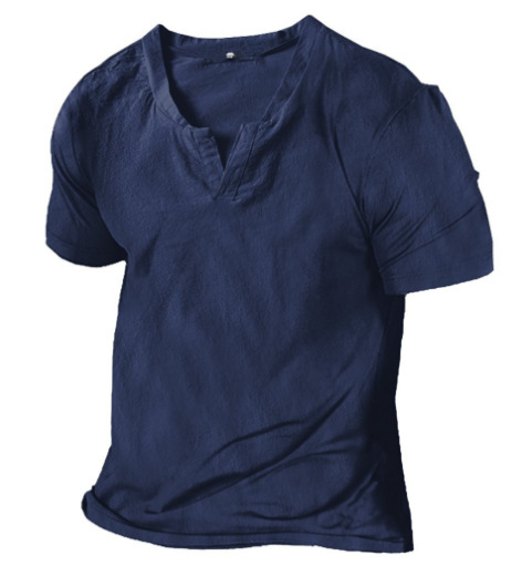 Men's Vintage Linen Henley Collar Short Sleeve T-Shirt