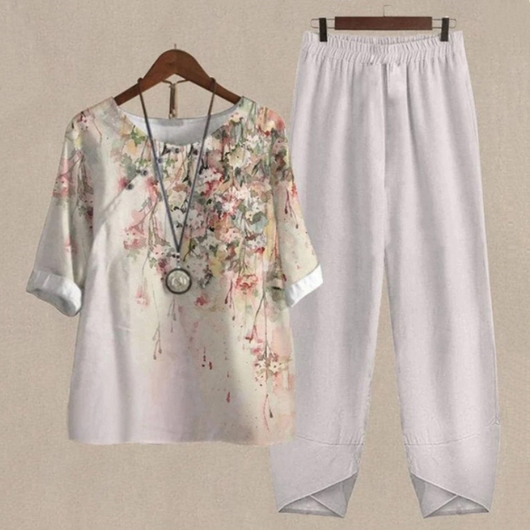 Women's Floral Leaf Two-Piece Set Light Blue Casual Summer Top with Pants