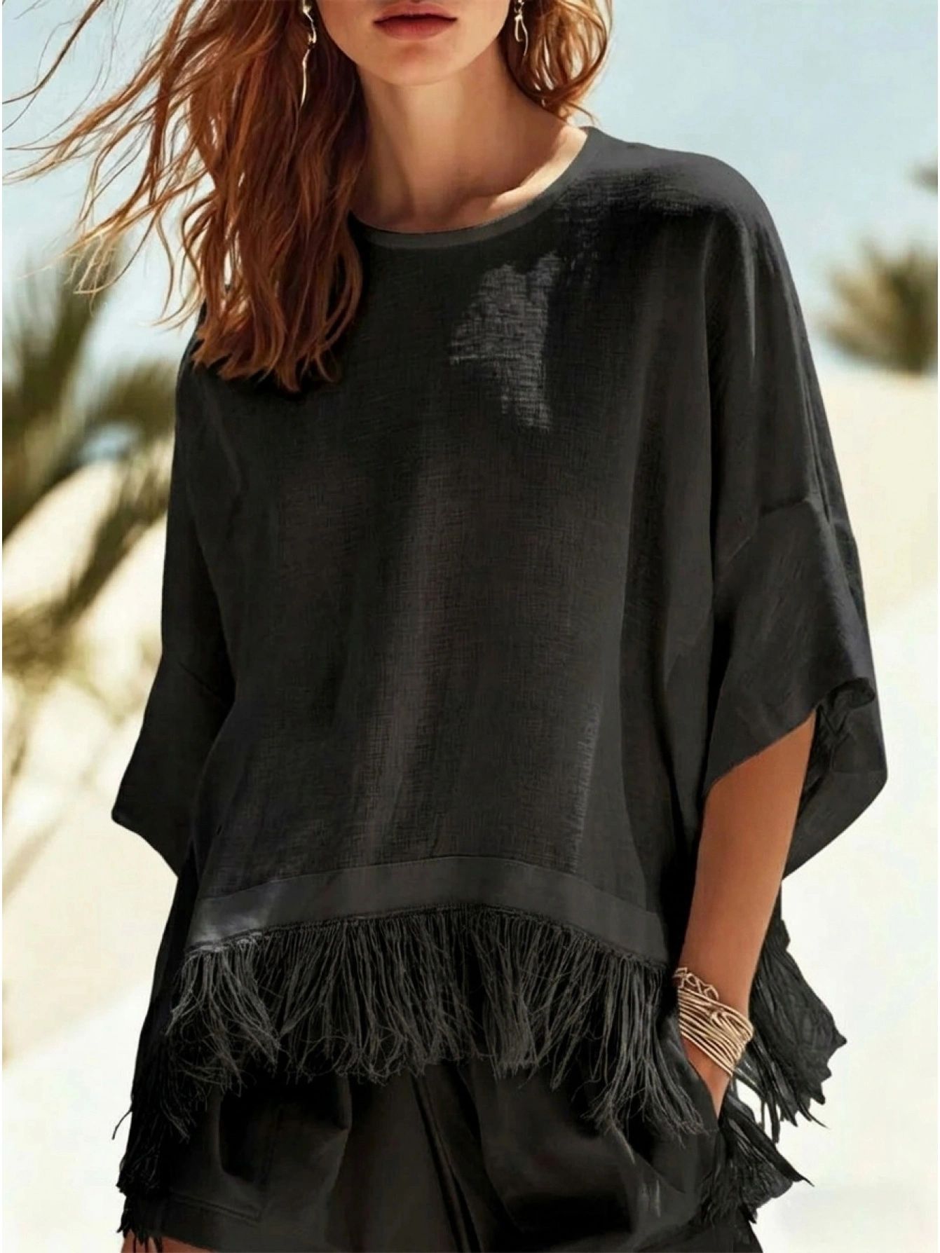 Women's Crew Neck Tassel Top with 3/4 Sleeves