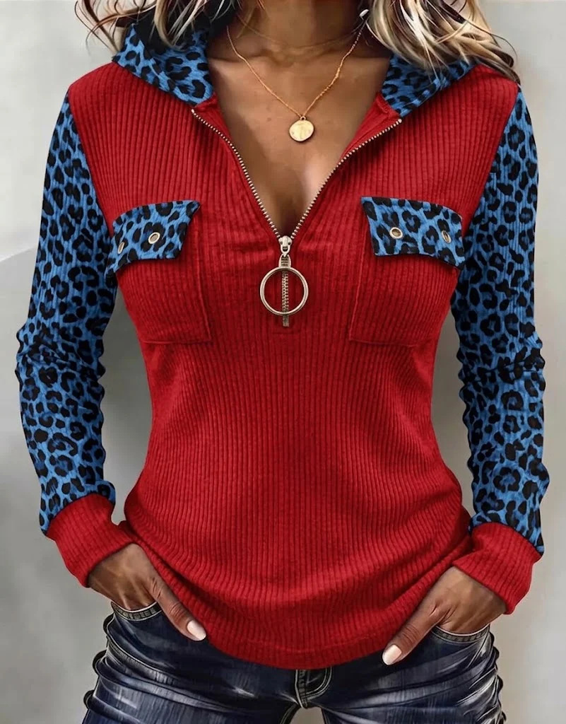 Chic Animal Patchwork Print Ribbed Hooded Top