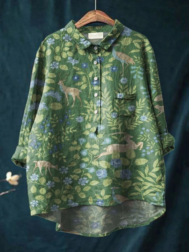 Women's Simple Colorful Flat Cat Print Casual Cotton And Linen Shirt