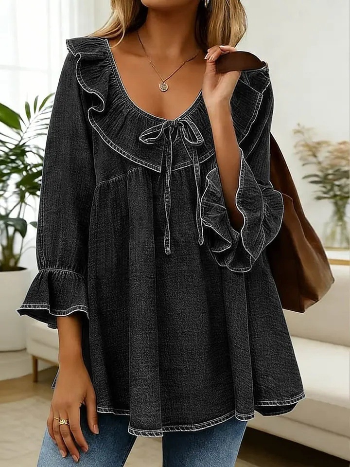 Ruffled Tie Denim Crew Neck Blouse