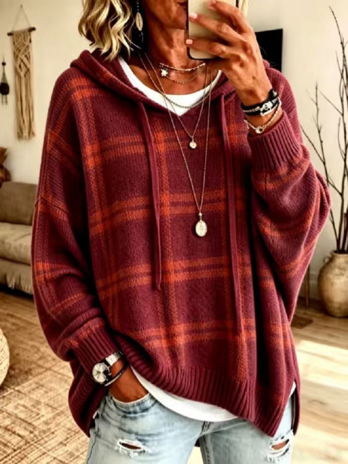 Casual Plaid Long Sleeve Side Slit Hooded Sweater