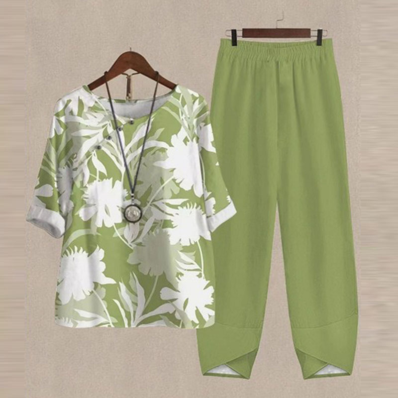 Women's Floral Leaf Two-Piece Set Light Blue Casual Summer Top with Pants