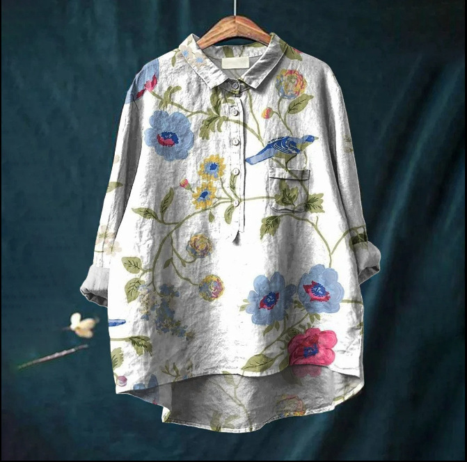 Women's Simple Colorful Flat Cat Print Casual Cotton And Linen Shirt