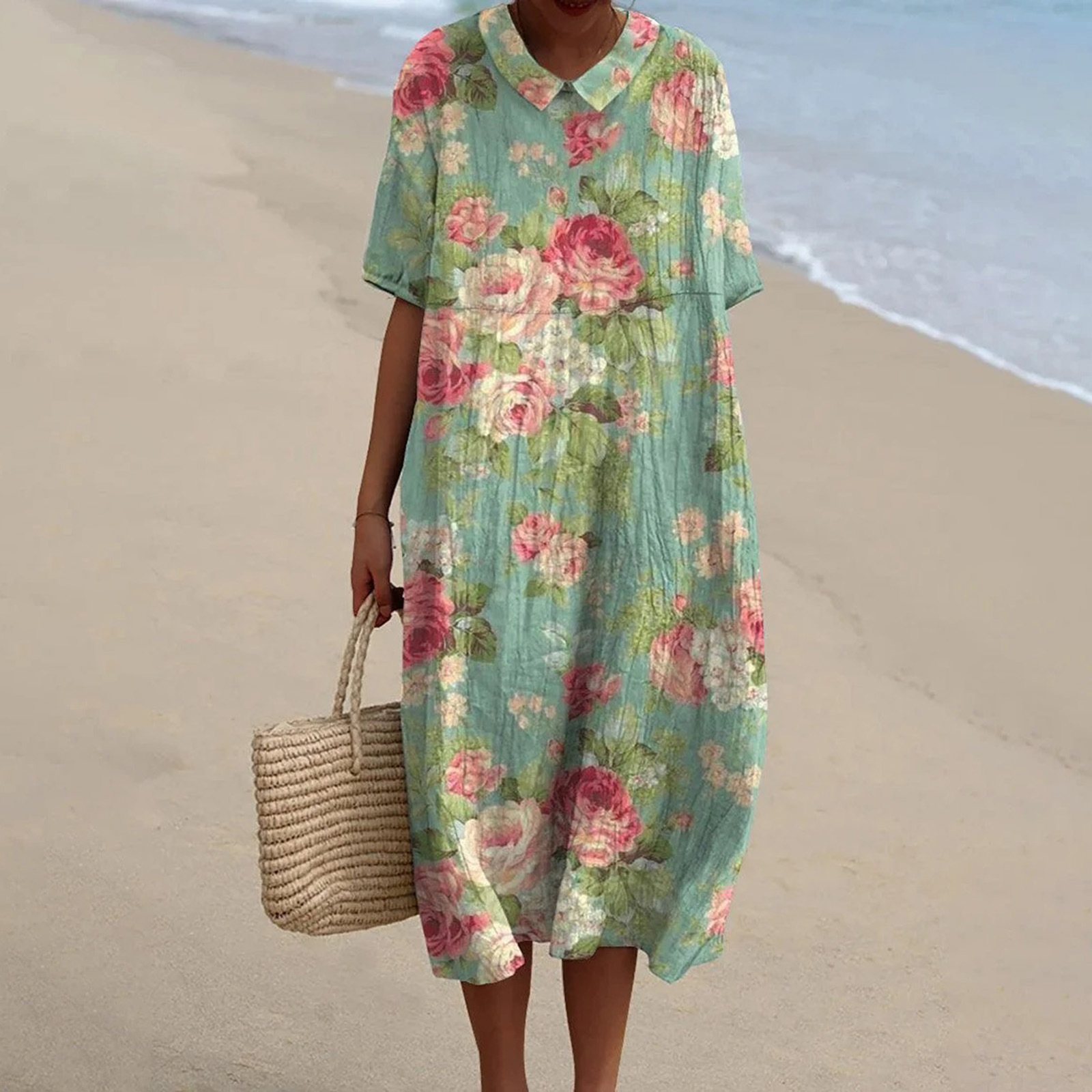 Women's Vintage Floral Art Print Pocket Linen Dress（Convertible Dress With Front And Back Option）