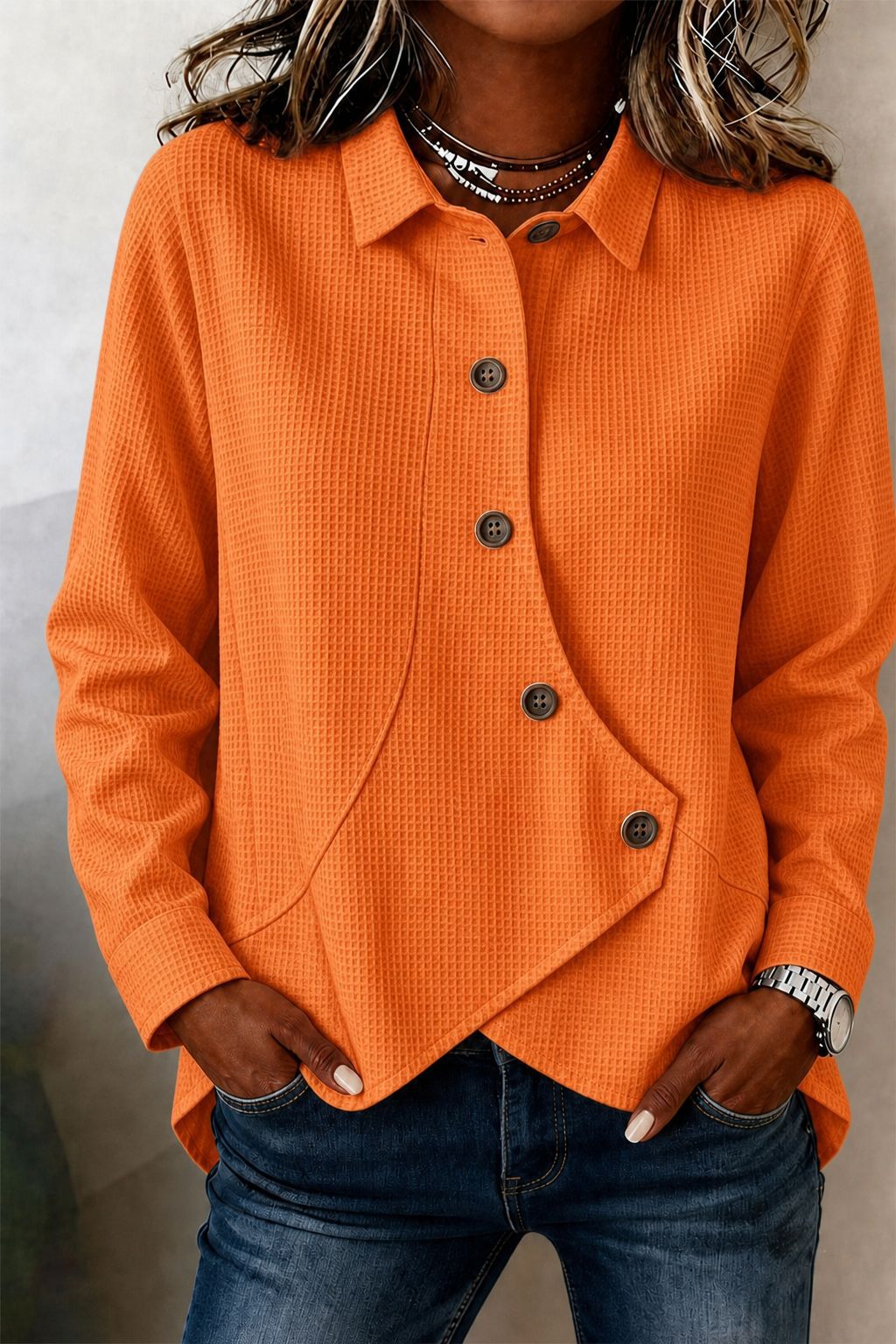 Asymmetric Waffle-Knit Button-Down Shirt