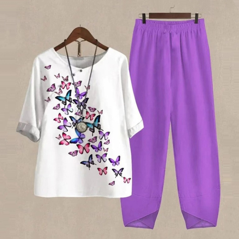 Women's Floral Leaf Two-Piece Set Light Blue Casual Summer Top with Pants