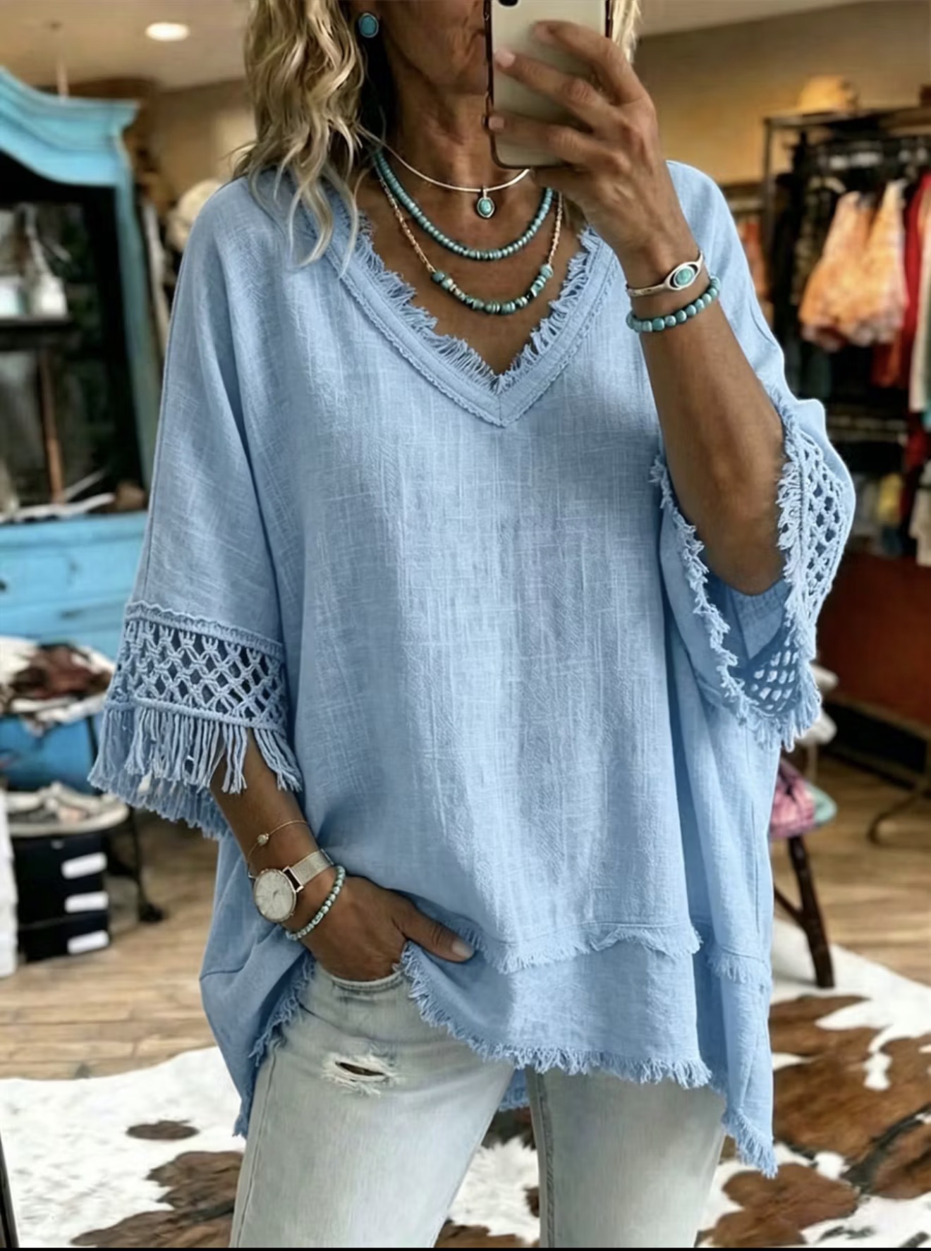 Vintage-style cotton-linen shirt with artistic tassel trim