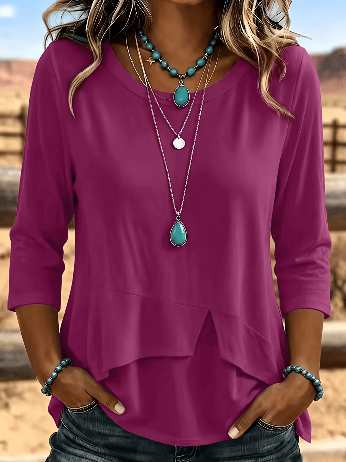 Women Casual 3/4 Sleeve Western Top Irregular Layered Hem Blouse