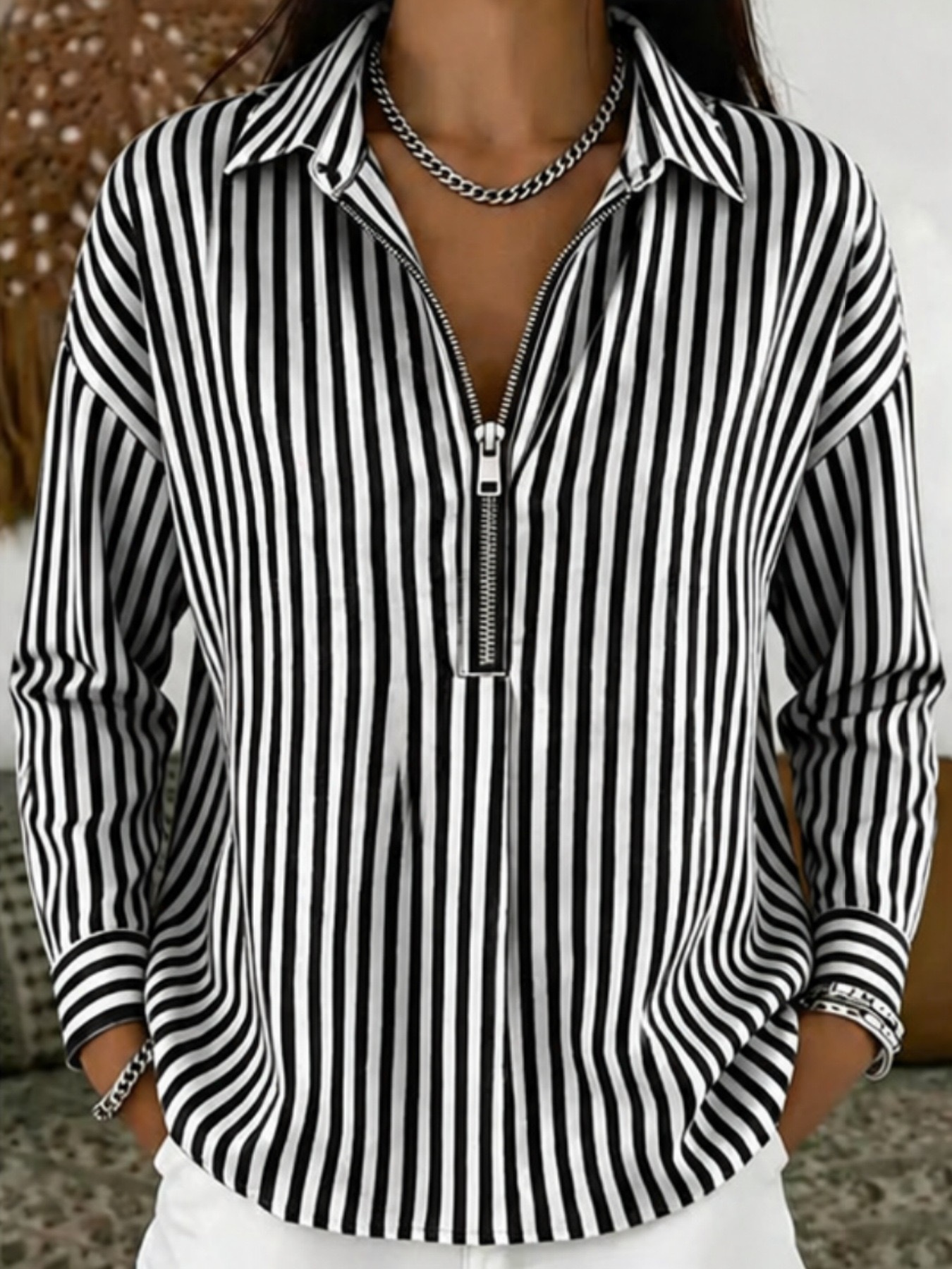 CLEARANCE SALE🔥 Casual Striped Polo Zipper Cotton-linen Shirt