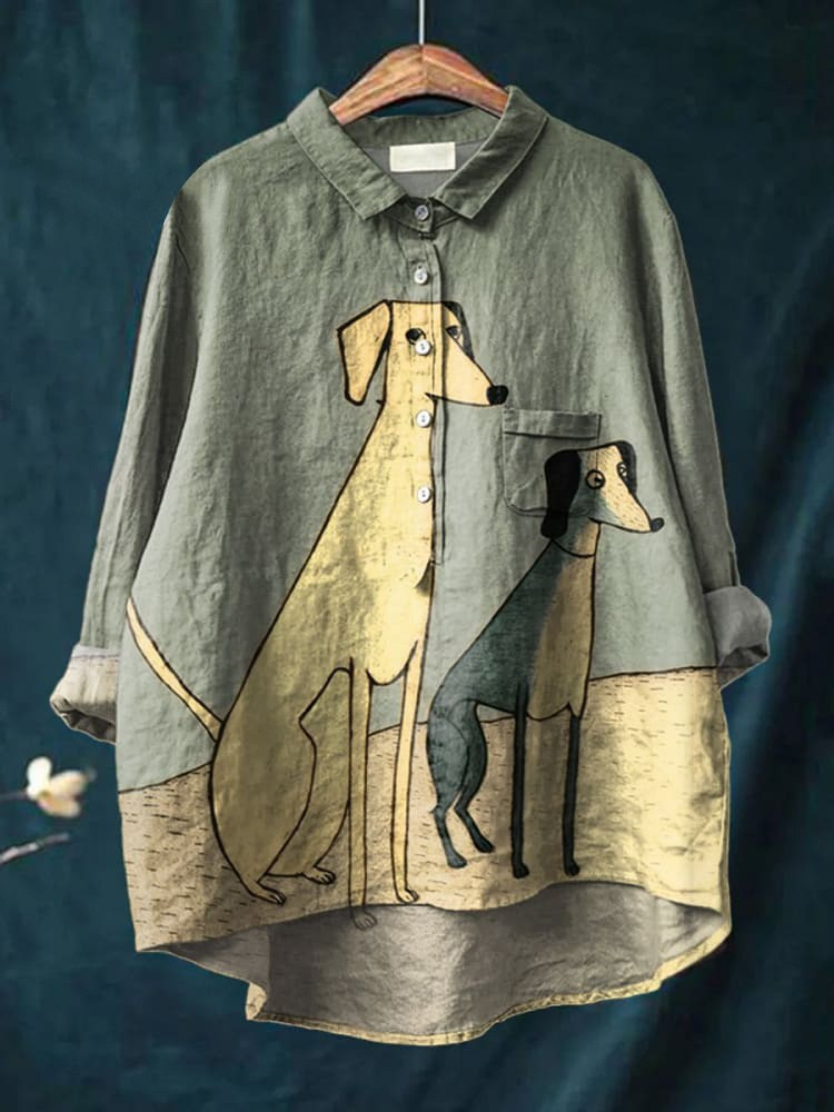 Women's Simple Colorful Flat Cat Print Casual Cotton And Linen Shirt