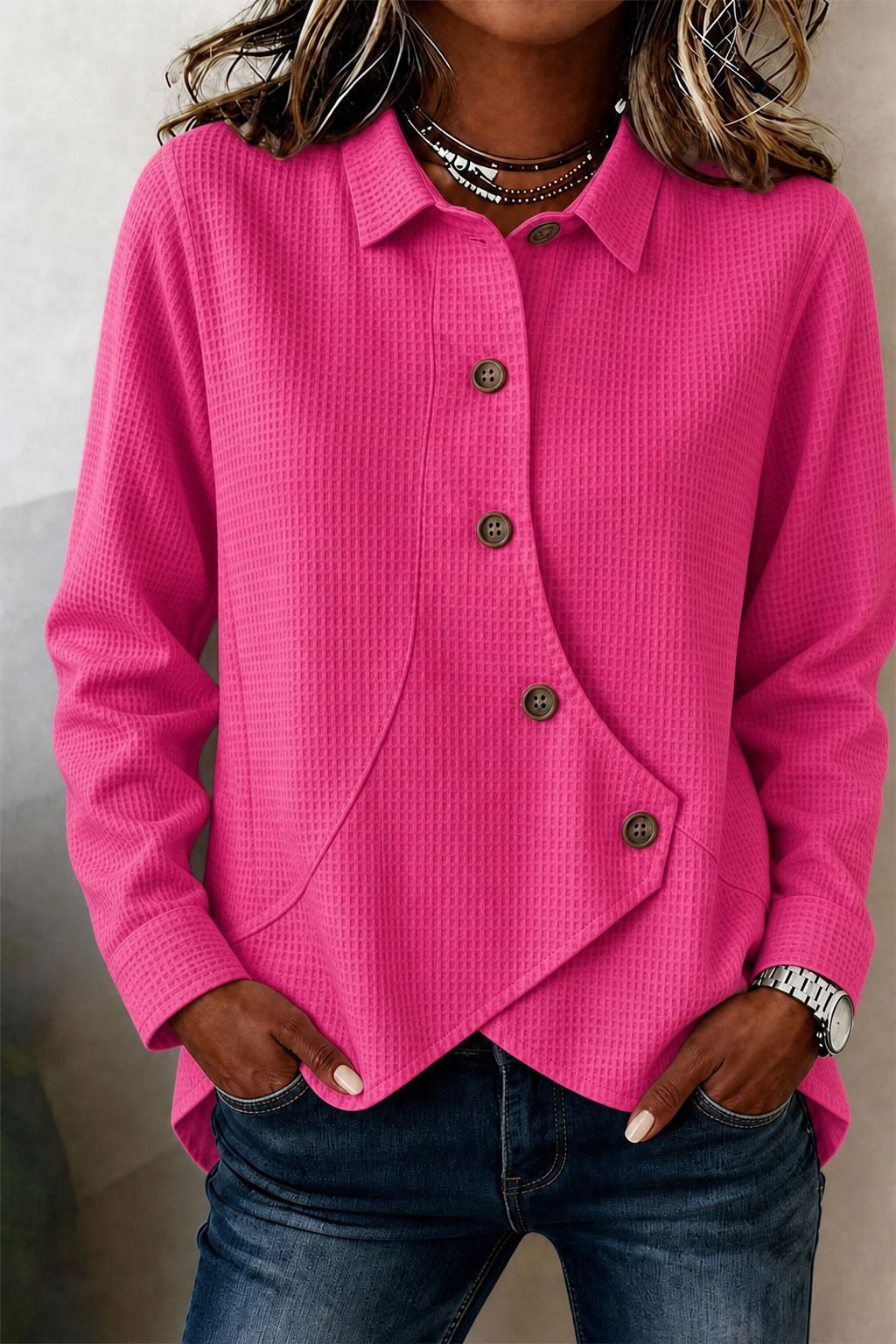 Asymmetric Waffle-Knit Button-Down Shirt