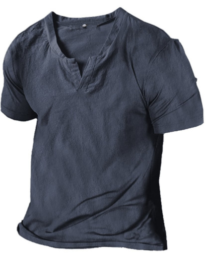Men's Vintage Linen Henley Collar Short Sleeve T-Shirt