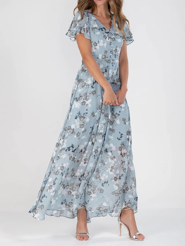 V Neck Short Sleeve Floral Maxi Dress