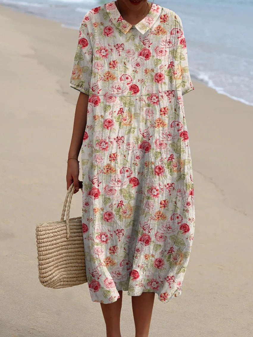 Women's Vintage Floral Art Print Pocket Linen Dress（Convertible Dress With Front And Back Option）