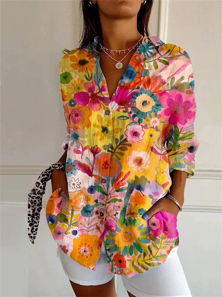 WOMEN'S ABSTRACT LINE COTTON LINEN SHIRT