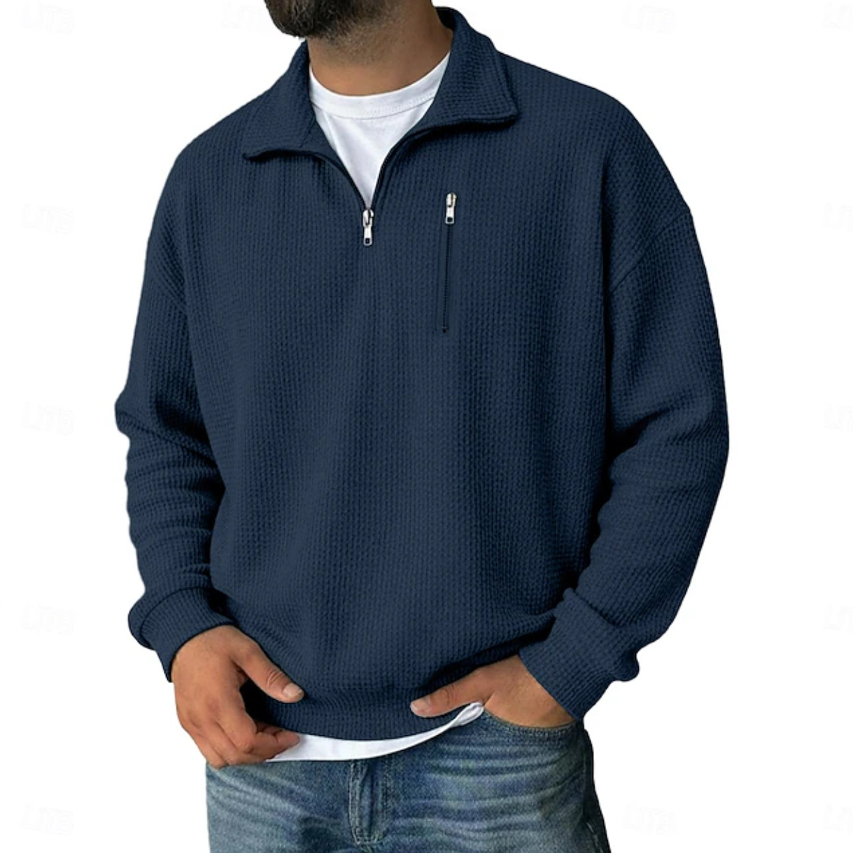 Men's Half-Zip Long-Sleeved Heavy Weight Striped Stand-Collar Loose-Fitting Sweatshirt