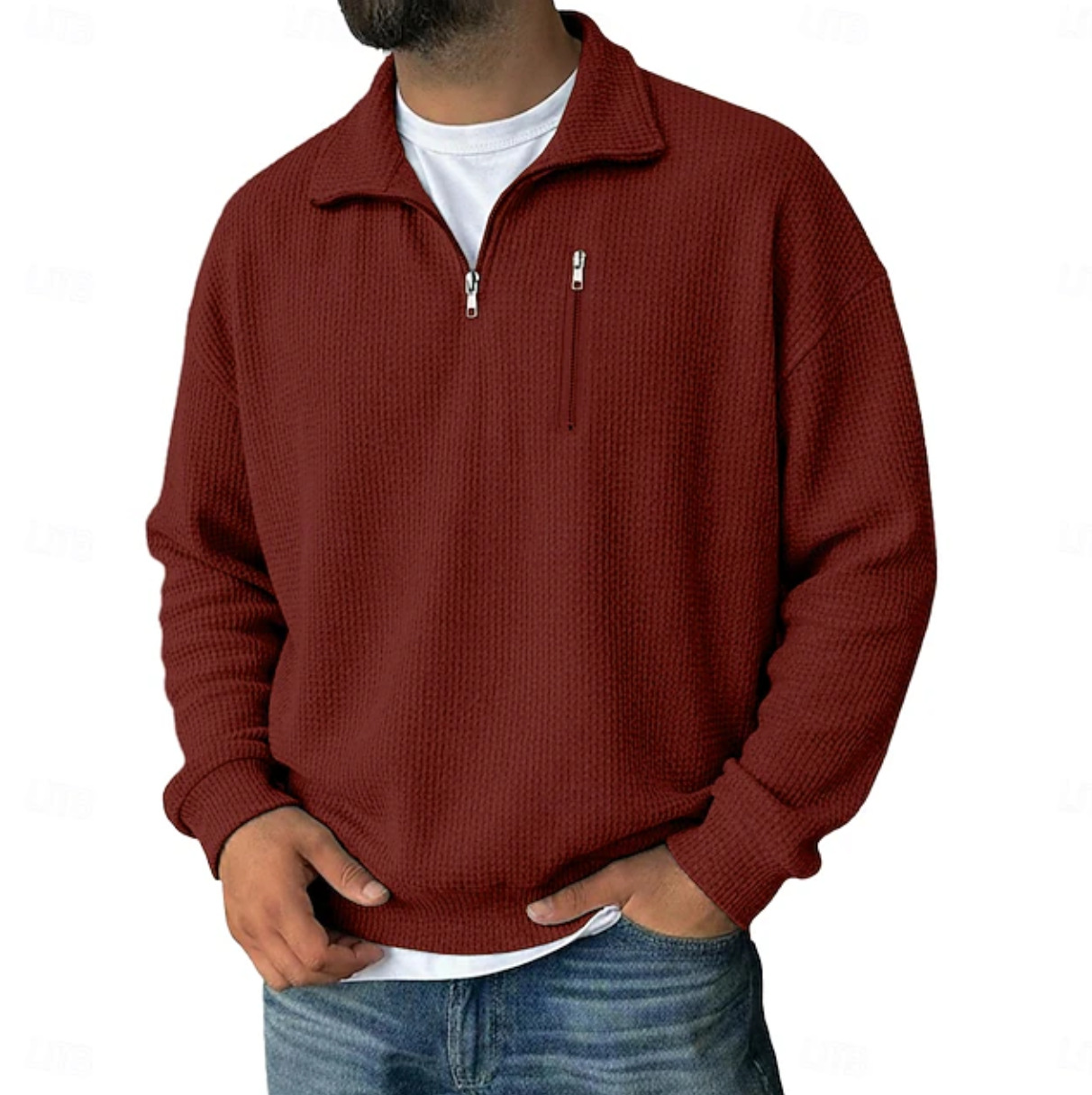 Men's Half-Zip Long-Sleeved Heavy Weight Striped Stand-Collar Loose-Fitting Sweatshirt