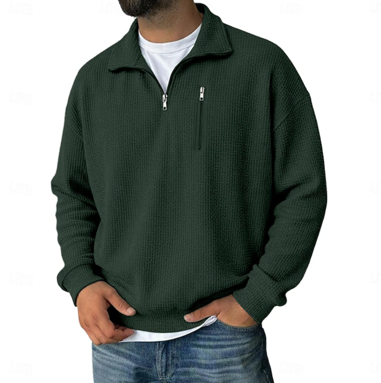 Men's Half-Zip Long-Sleeved Heavy Weight Striped Stand-Collar Loose-Fitting Sweatshirt
