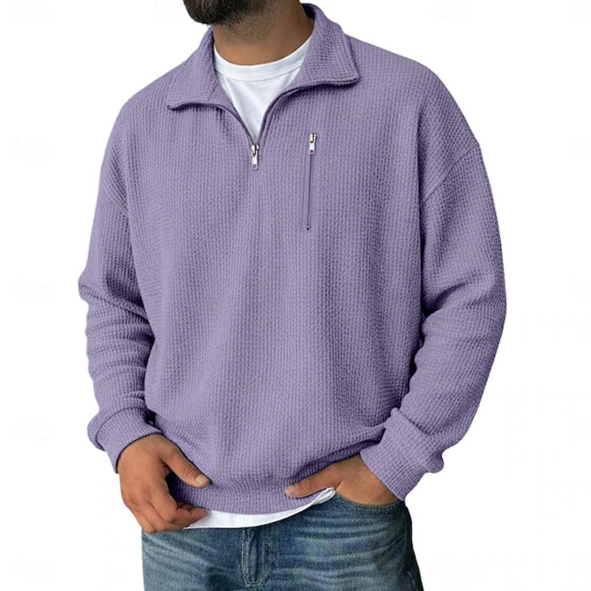 Men's Half-Zip Long-Sleeved Heavy Weight Striped Stand-Collar Loose-Fitting Sweatshirt