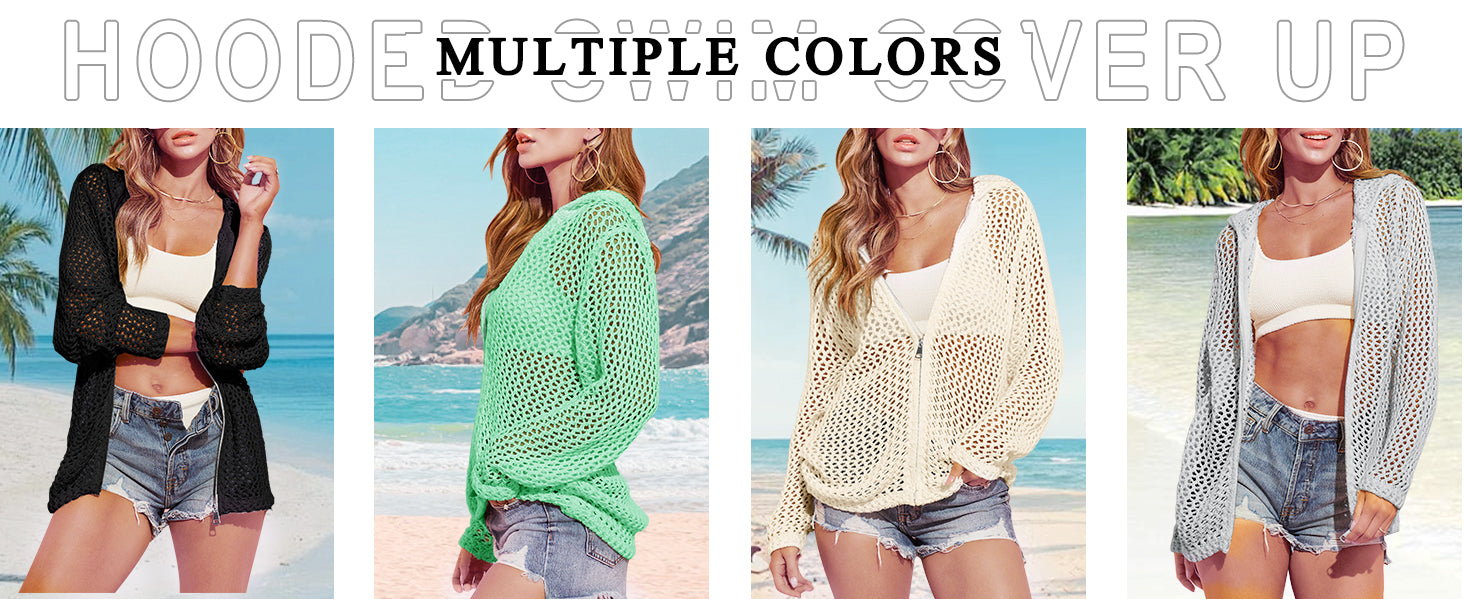 Women's Crochet Lightweight Cardigan Zip Up Hooded Long Sleeve Knit Sweater Mesh Beach Swim Cover Up