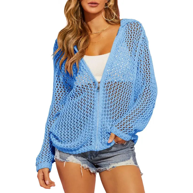 Women's Crochet Lightweight Cardigan Zip Up Hooded Long Sleeve Knit Sweater Mesh Beach Swim Cover Up