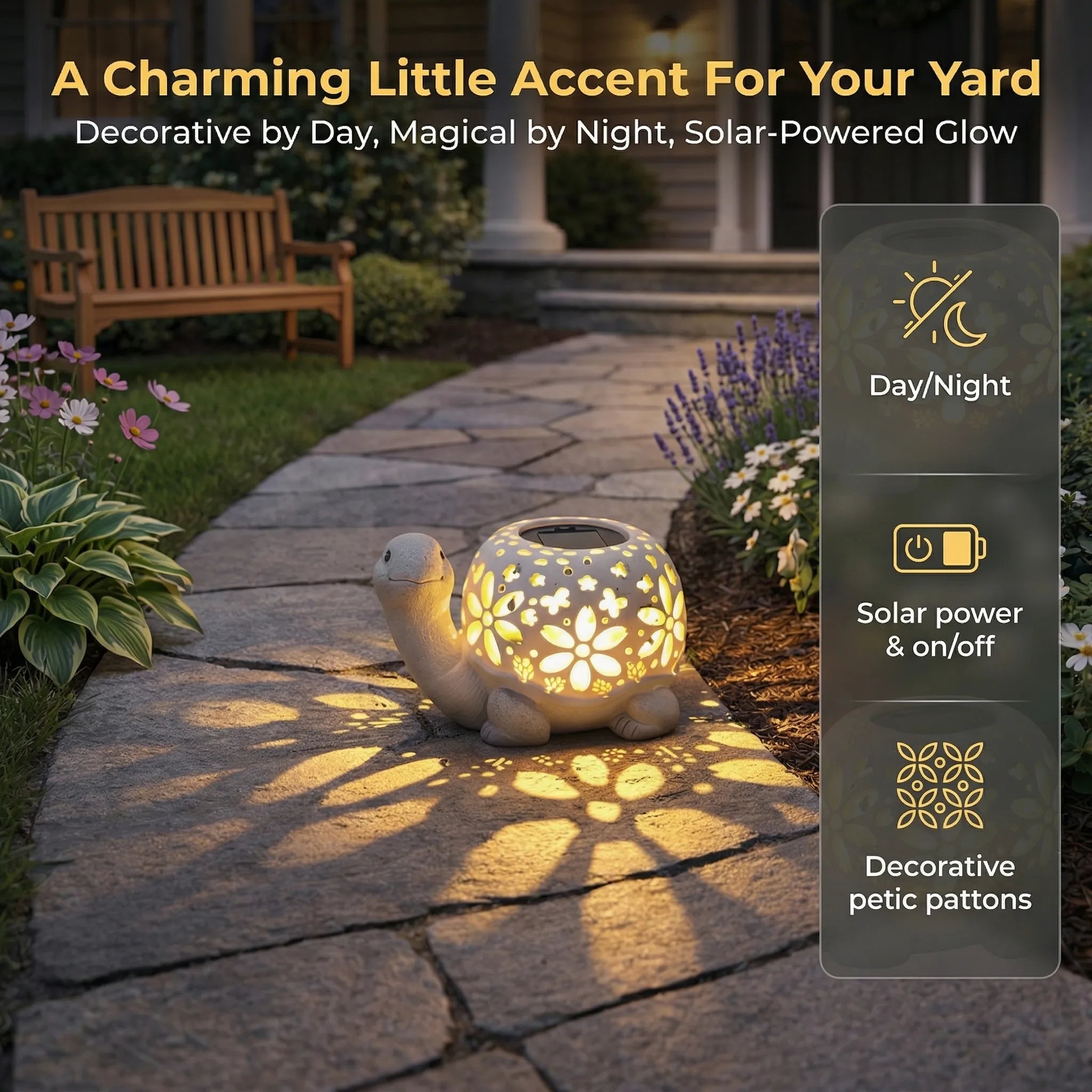 Turtle Glow Solar Garden Lantern With Floral Cutout Shell