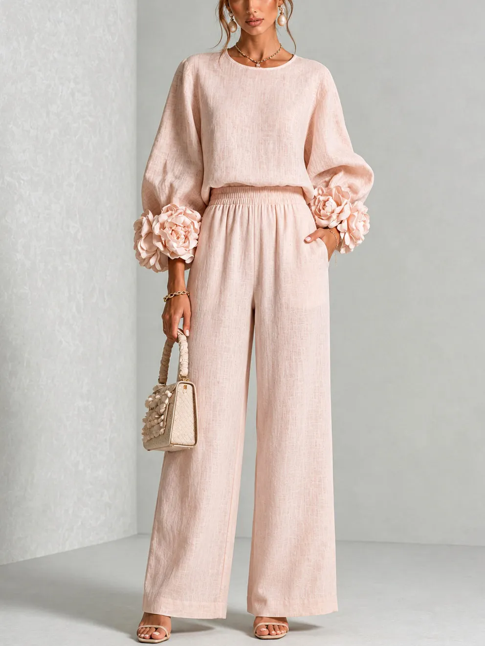 Women 3D Floral Cuff Linen Two‑Piece Outfit, Long Sleeve Blouse & Elastic Waist Wide Leg Pants Set