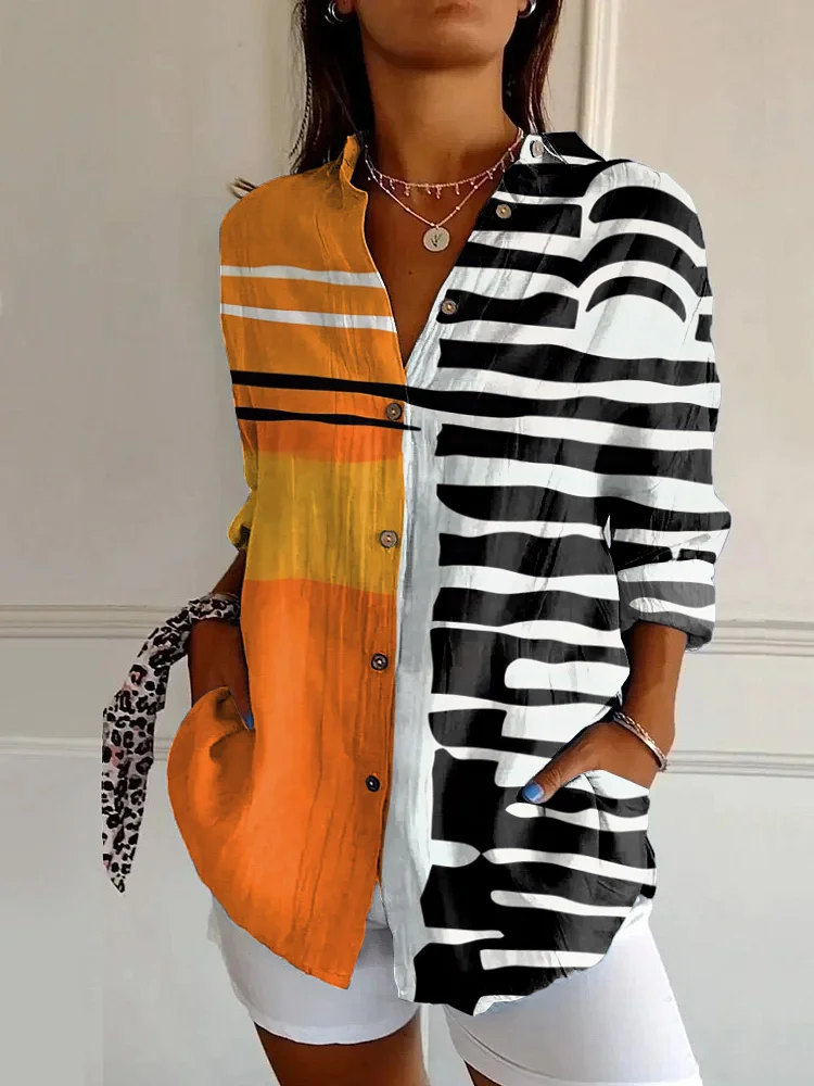 WOMEN'S ABSTRACT LINE COTTON LINEN SHIRT