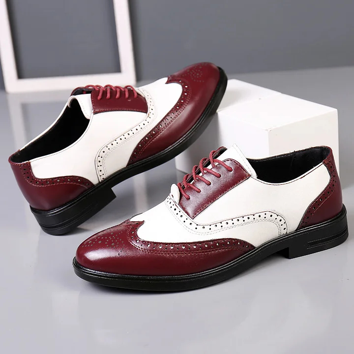Men's white yellow patch wingtip brogue oxfords Lace-up formal business loafers shoes