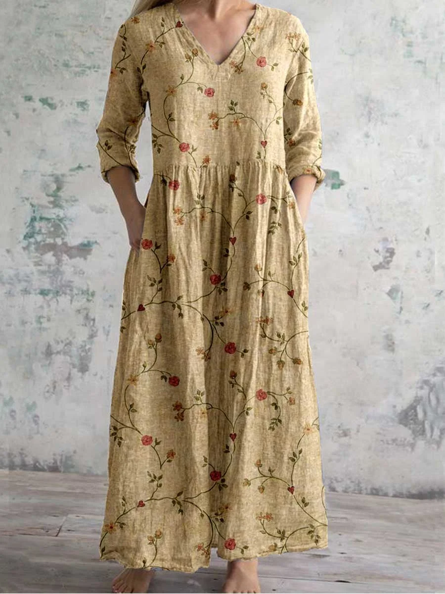 Women's Vintage Floral Print Casual Cotton Dress