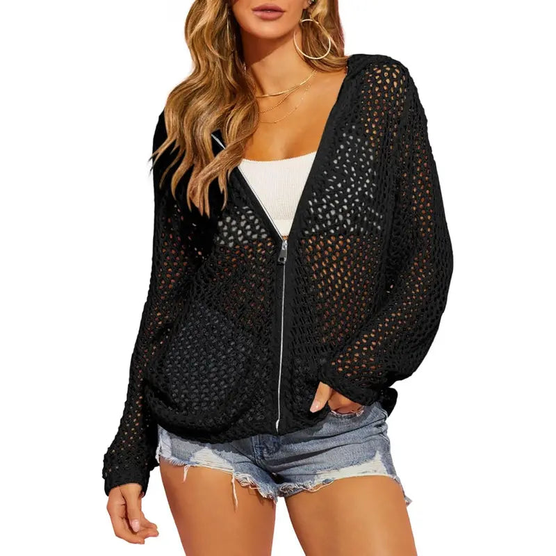 Women's Crochet Lightweight Cardigan Zip Up Hooded Long Sleeve Knit Sweater Mesh Beach Swim Cover Up